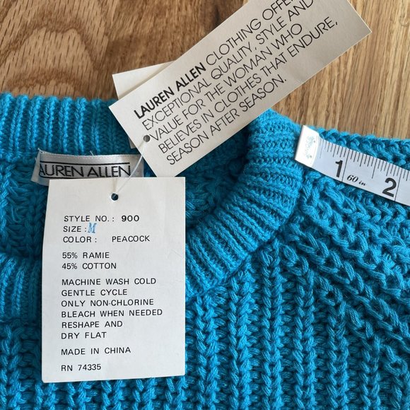 LAUREN ALLEN PEACOCK BLUE WOMENS CREWNECK CABLE KNIT VINTAGE SWEATER SZ MED NWT - Picture 5 of 11